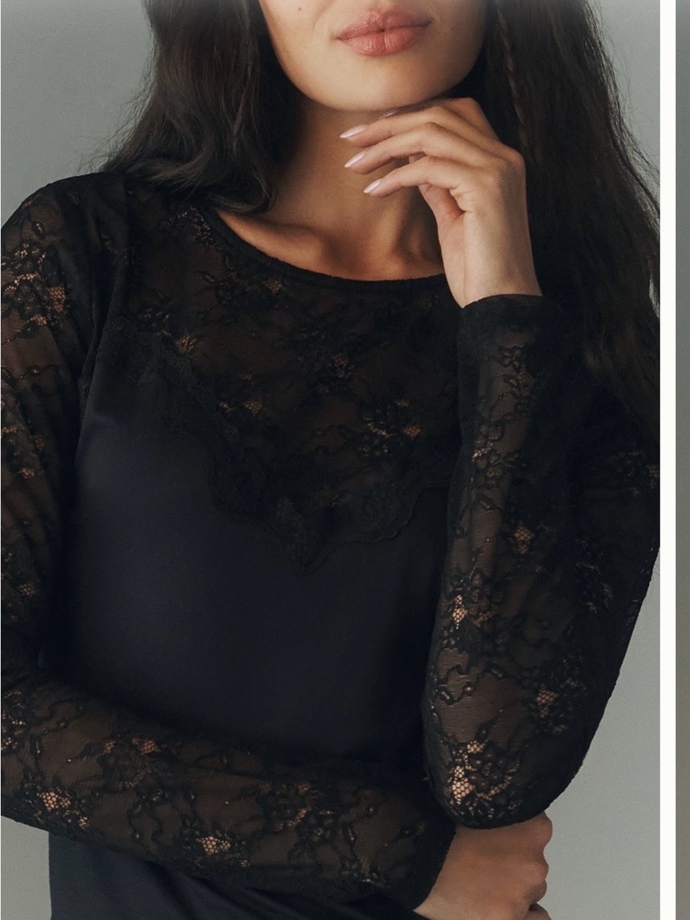 Anthropologie Black Lace Yoke Long Sleeve Top